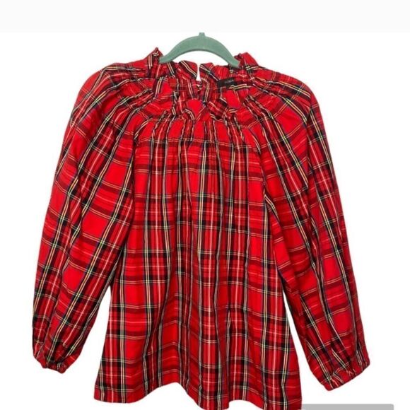 J CREW Ruffleneck Red Tartan Plaid Cotton Blouse Sz XSMALL NWT - Picture 7 of 11